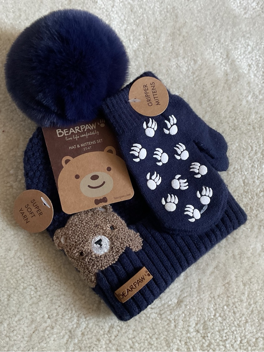 BearPaw Kids Navy Pom Beanie and Gripper Mittens Set